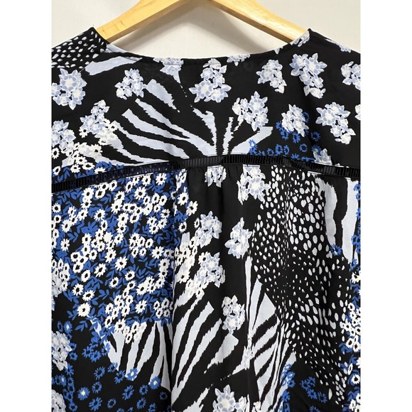 Investments Blouse Womens XL Blue Mixed Floral Zebra Button Front‎ Tie Sleeve - Picture 11 of 14